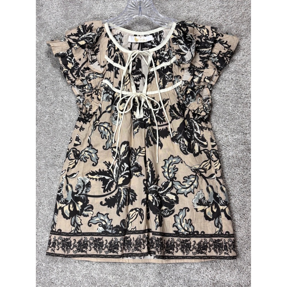 Bindu Womens XS Cotton Boho Floral Ruffle‎ Cap Sleeve Tie Front Peasant Top Tan